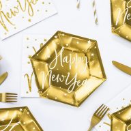   Arany Színű Happy New Year Feliratos Hatszögletű Fényes Tányér Szilveszterre