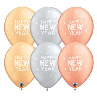   Happy New Year Feliratú Ezüst, Arany, Rósegold Gumi Lufi, 25 db, 28 cm
