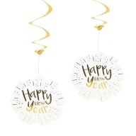   Szilveszteri Függő Dekoráció - Happy New Year Mintás Fehér Arany Spirális - 2db-os